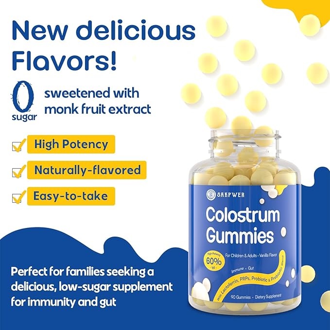 Bovine Colostrum Supplement Gummies - with 60% Highest IgG, Lactoferrin, Probiotics and Prebiotics for Adults and Kids, Vanilla Flavor & Sugar Free, 2 Pack