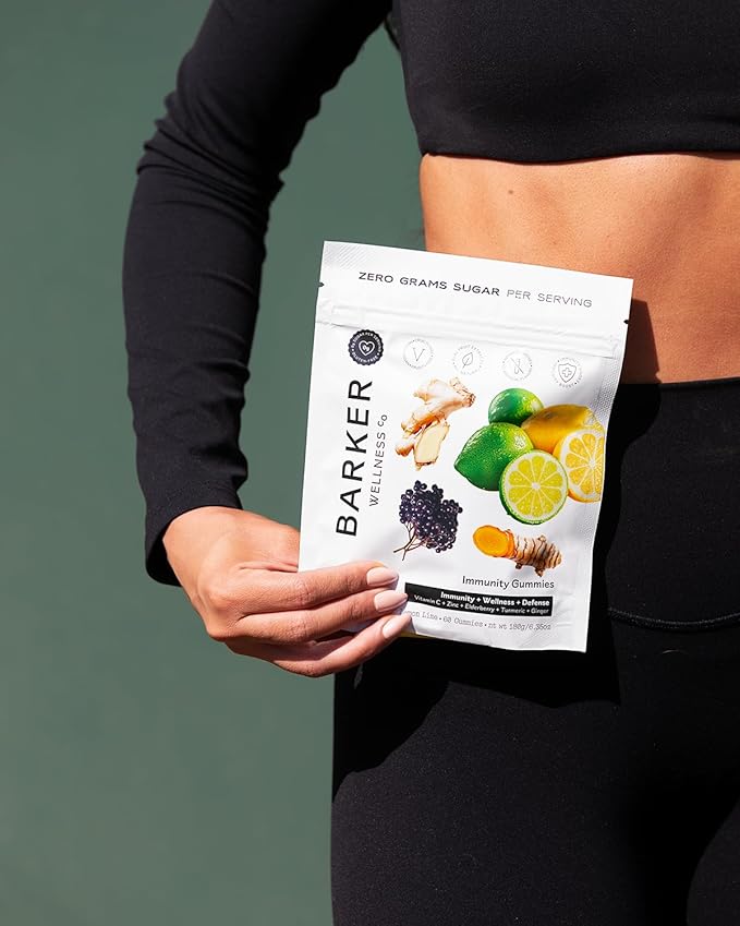 Barker Wellness Immunity Gummies | Vitamin C, Zinc, Elderberry, Turmeric & Ginger | Immune Support | Vegan, Sugar-Free | Lemon Lime Flavor | 60 Gummies
