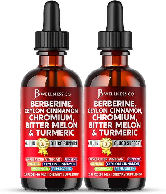 Berberine with Ceylon Cinnamon Supplement Liquid Drops + Bitter Melon Extract, Glucomannan, Gymnema, Chromium, Turmeric, Panax Ginseng, Moringa- 4 OZ