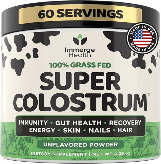 Super Colostrum Grass Fed Bovine Colostrum Powder for Bloating, Immune, Energy, Gut Health Hair, Skin and Nails Colostrum Supplement | 50% IgG Cow Colostrum for Humans | Superfood for Women and Men