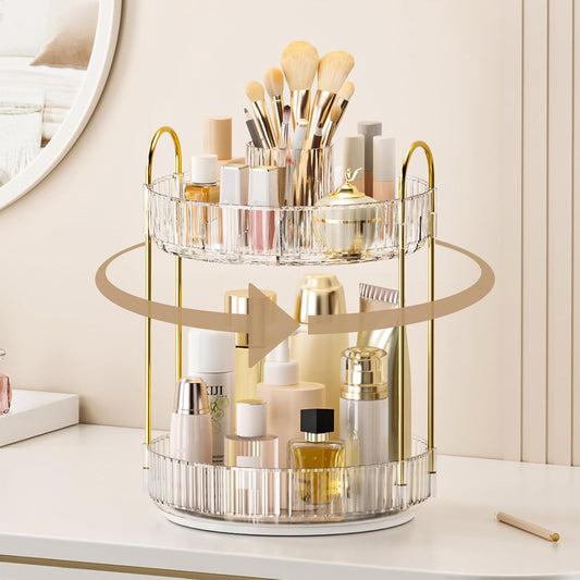 360° Rotating Makeup Organizer, Upgraded 2 Tier Skincare Perfume Organizers for Women, Bathroom Organizer Countertop, Clear Cosmetic Dresser Organizer with Makeup Brush Holder, Sink&Counte (Clear)