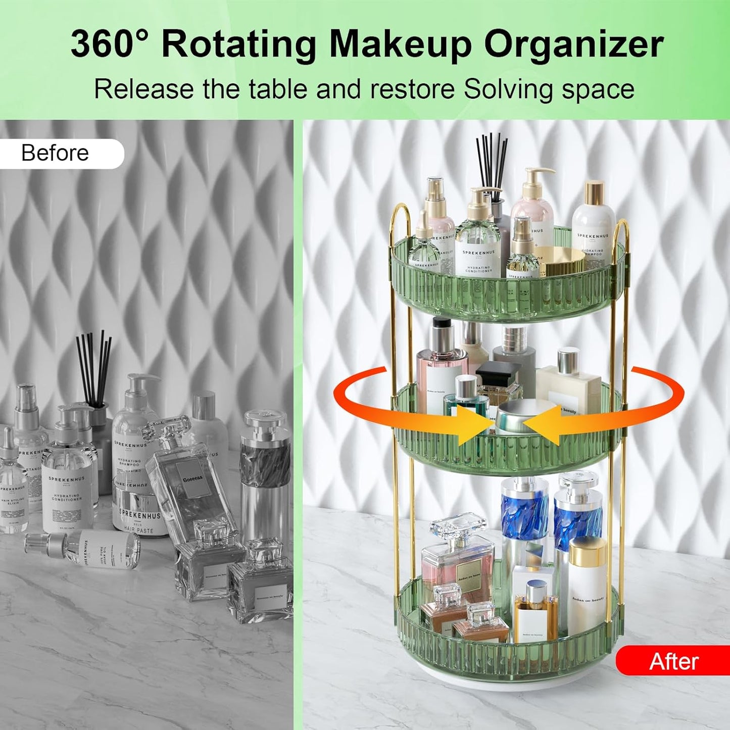GTI 360°Rotating Makeup Organizer, 3 Tier Large Capacity Perfume Cosmetics Skincare Vanity Organizers,Bathroom Counter Organizer, Dresser Spinning Countertop Organizer and Storage for Women (Green)