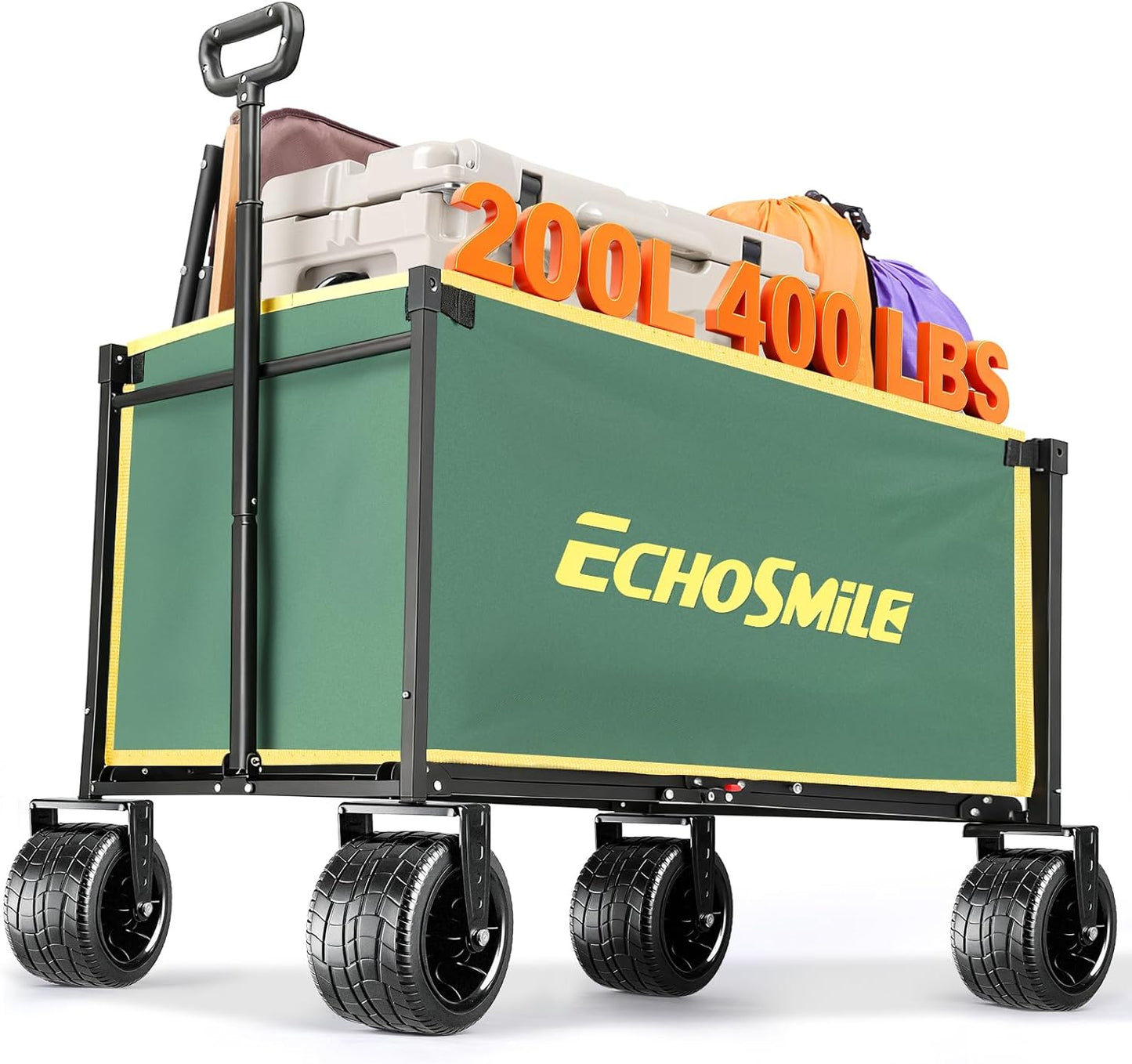 EchoSmile Collapsible Wagon Cart for Camping & Beach - Heavy Duty 400lbs Capacity All-Terrain Cart with Wide Wheels, Portable Folding Utility Wagon for Grocery, Garden, Sports,Green&Yellow