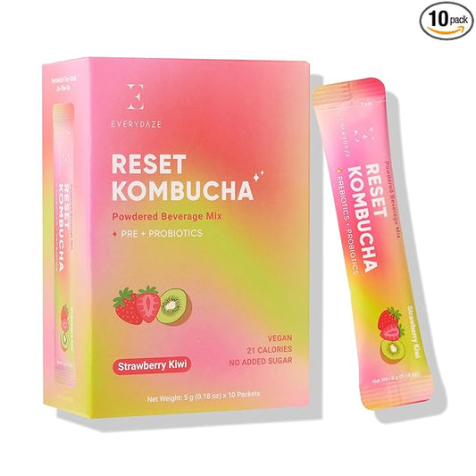 Everydaze Reset Kombucha Tea Powdered Beverage Mix | 10 Sticks | Prebiotics + Probiotics | Vegan | No Added Sugar, Gluten Free, Sparkling Powder Drink Pack (Strawberry Kiwi)