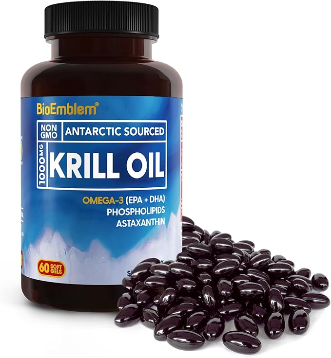 BioEmblem 3 Pack Antarctic Krill Oil 1000mg Softgels, Omega-3s Oil with High Levels of EPA + DHA, Astaxanthin, and Phospholipids, Supports Brain Health, 180-Count Non-GMO, Gluten Free, 90 Days Supply