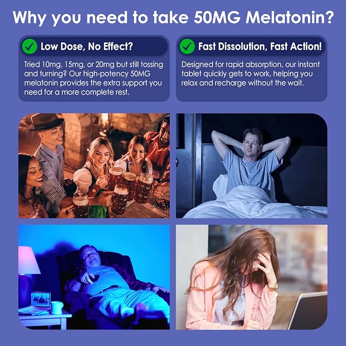 Melatonin 50 mg for Adults - Extra Strength 9-in-1 Fast Dissolve Sublingual - w/Vitamin D3 & MSM, Relaxing Herbal Blend-Ashwagandha, Lemon Balm, Passionflower,Chamomile,Sugar Free, Vegan 60 Servings