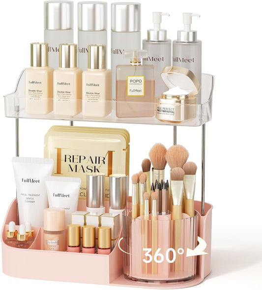 Rotating Makeup Organizer w/Makeup Brush Holder, 2 Tier Bathroom Countertop Organizers, Large Cosmetic Organizer Countertop, Vanity Organizers and Storage for Skincare, Lotion, Lipstick -Pink