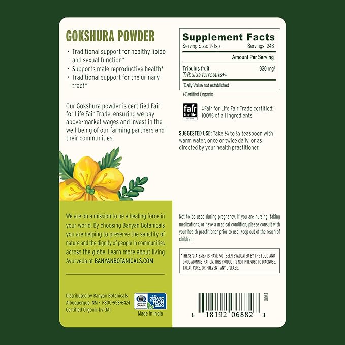 Banyan Botanicals Gokshura Powder – Organic Gokshura Fruit (Tribulus Terrestris) Powder – Men's Vitality Supplement – Supports Urinary Health* – ½ lb. – Non-GMO Sustainably Sourced Vegan