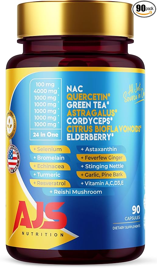 AJS Quercetin 4000mg with Nac Green Tea Cordycepscitrus Elderberry Selenium Bromelain Echinacea Turmeric Resveratrol Astaxanthin Feverfew Ginger Reishi Mushroom 90 Caps 20 in 1