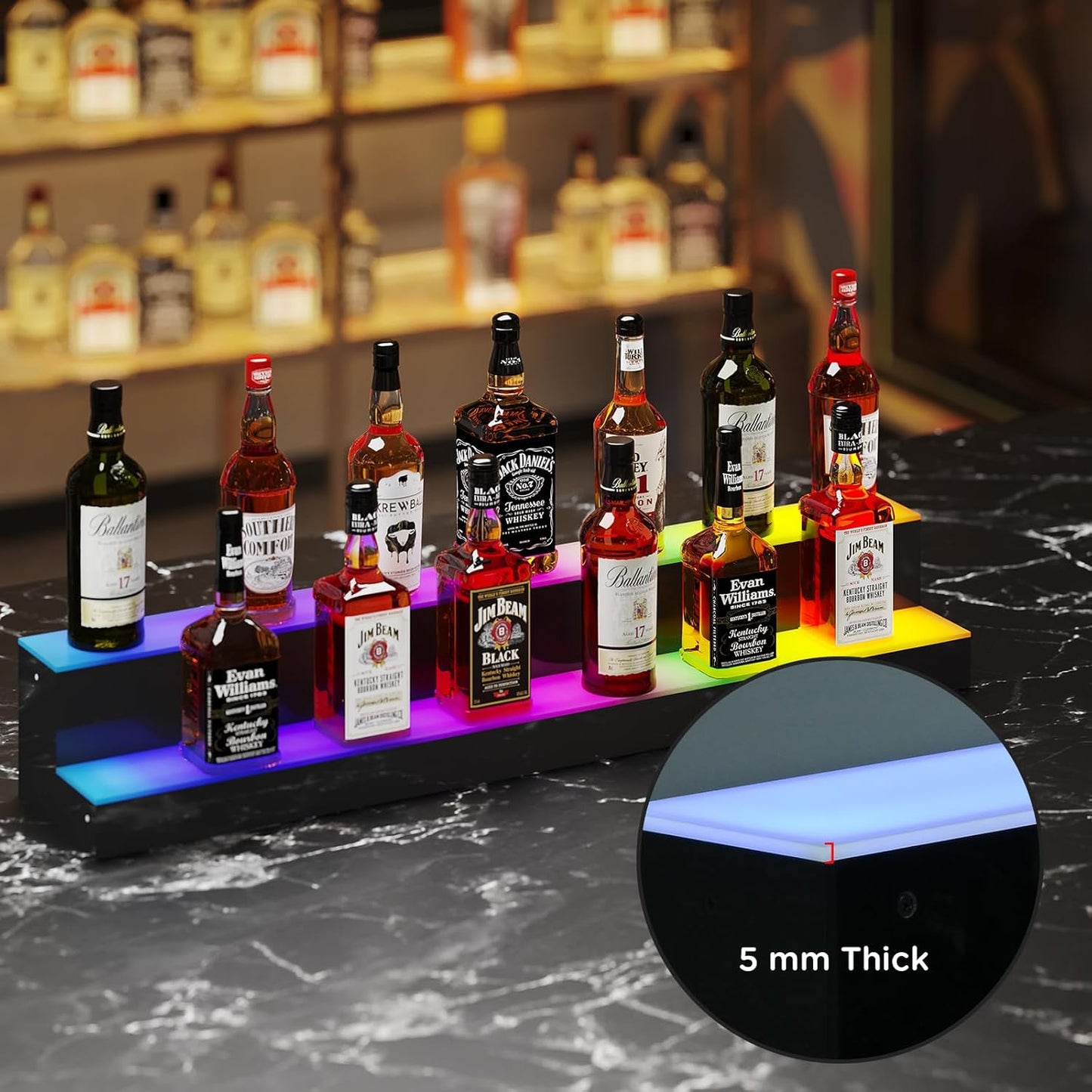 Dethan 2 Tier 48 Inch LED Lighted Liquor Bottle Display Shelf - Illuminated Wine Racks with Multi-Color App & Remote Control, Adjustable Brightness & Sound Modes, Acrylic Bar Shelves for Club Displays