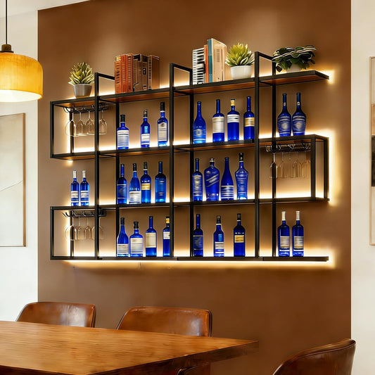 39Large Wall Mounted Wine Rack, 4-Tiered Floating Shelf, Wood and Metal Shelving Unit with LED Lights, Bar Display Storage Organizer for Home Bar Dining Room (Black, 39.37inch/100cm)