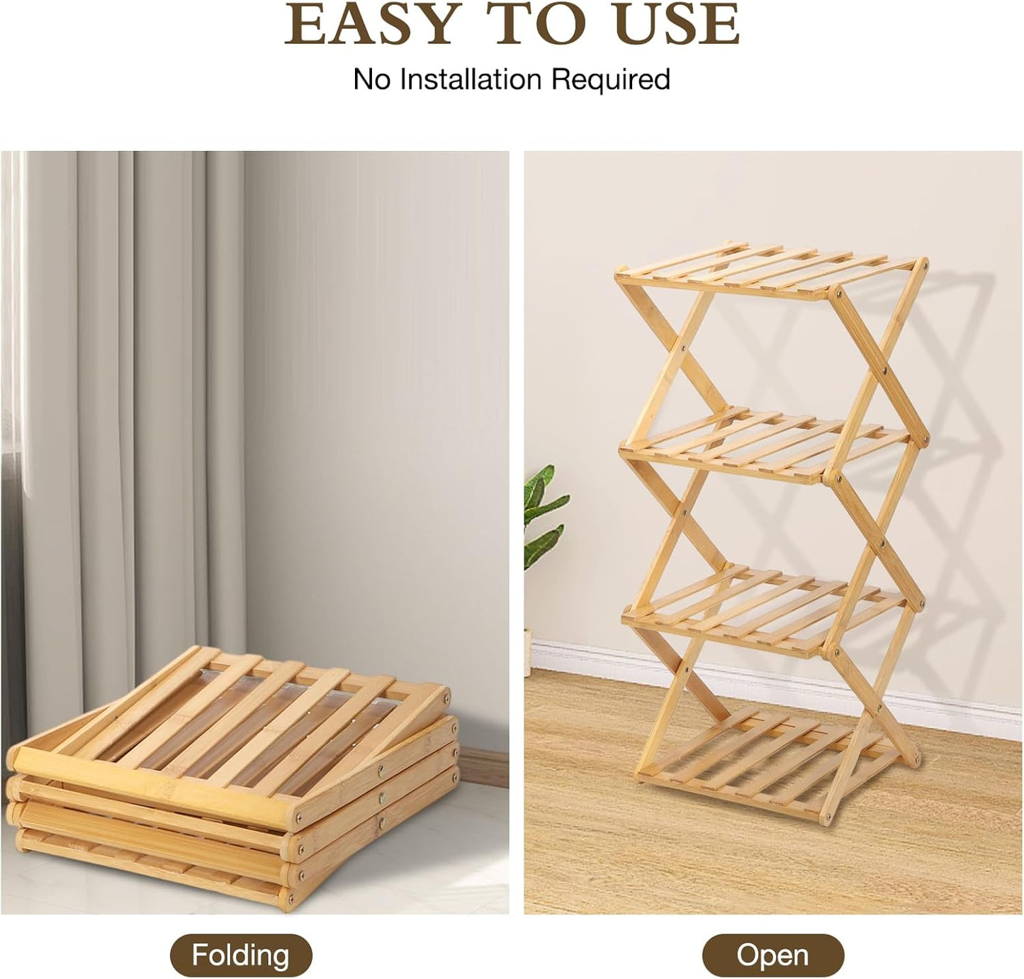 Bamboo Shoe Rack 4 Tier Foldable Shoe Rack Vertical Bamboo Shoe Organizer Free Standing Shelf for Entryway, Closet, Bedroom, Wood Color