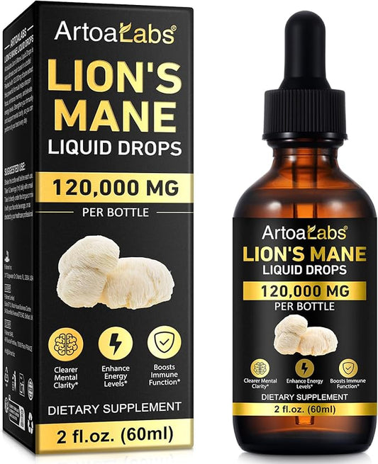 Lions Mane Mushroom Drops 120,000 MG, Brain Supplement, Brain Vitamins, Enhance Memory & Focus & Immunity, 2 Oz