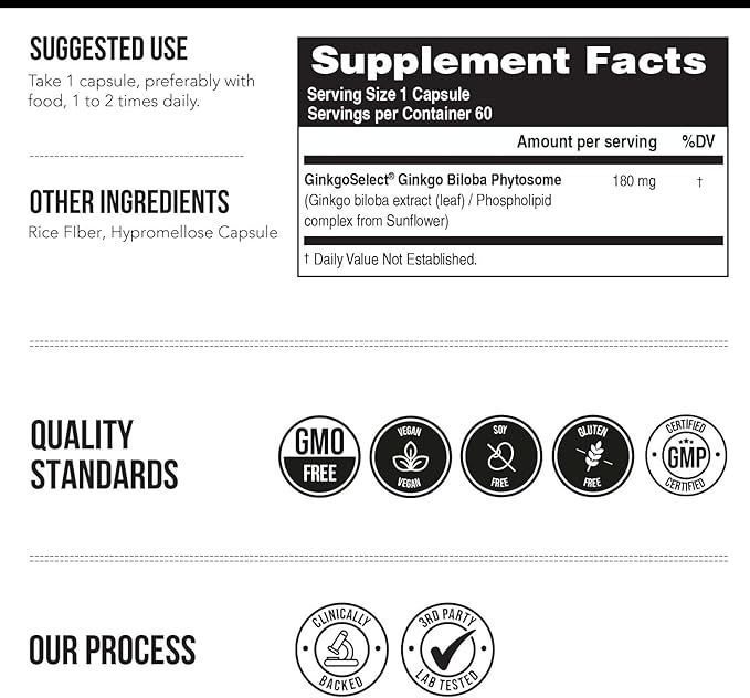 SoActive Ginkgo Biloba with GinkgoSelect® Phytosome | Clinically Studied Enhanced Absorption for Brain, Heart & Memory Support – 180 mg – Helps Maintain Circulation & Cognitive Health (60 Capsules)