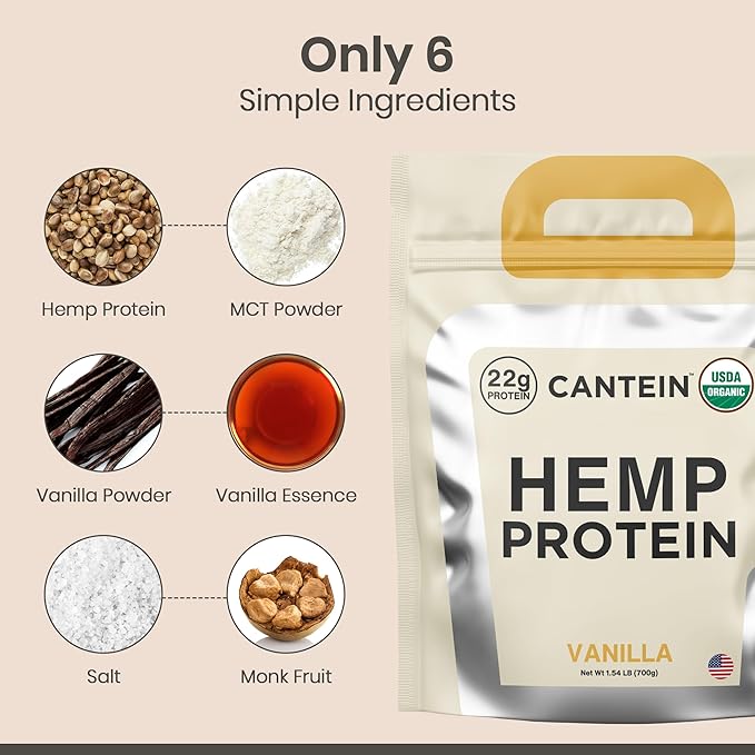 Organic Hemp Protein Powder, Plant Based and Vegan Protein Shake, Lactose and Dairy Free, Gluten Free, Clean and Natural- Vanilla (20 Servings)