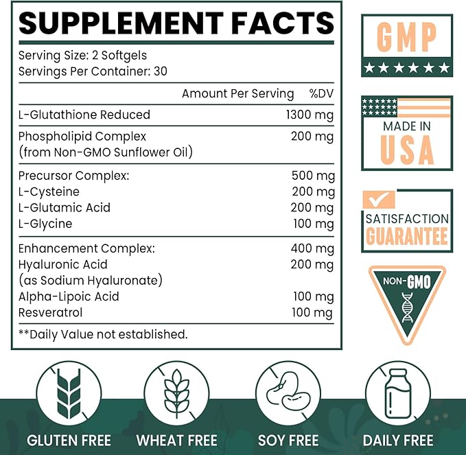 8-in-1 Liposomal Glutathione 2400 MG, High Absorption Antioxidant Formula – with Hyaluronic Acid, Alpha-Lipoic Acid, Resveratrol - Skin, Liver Detox & Immune System, 60 Softgels