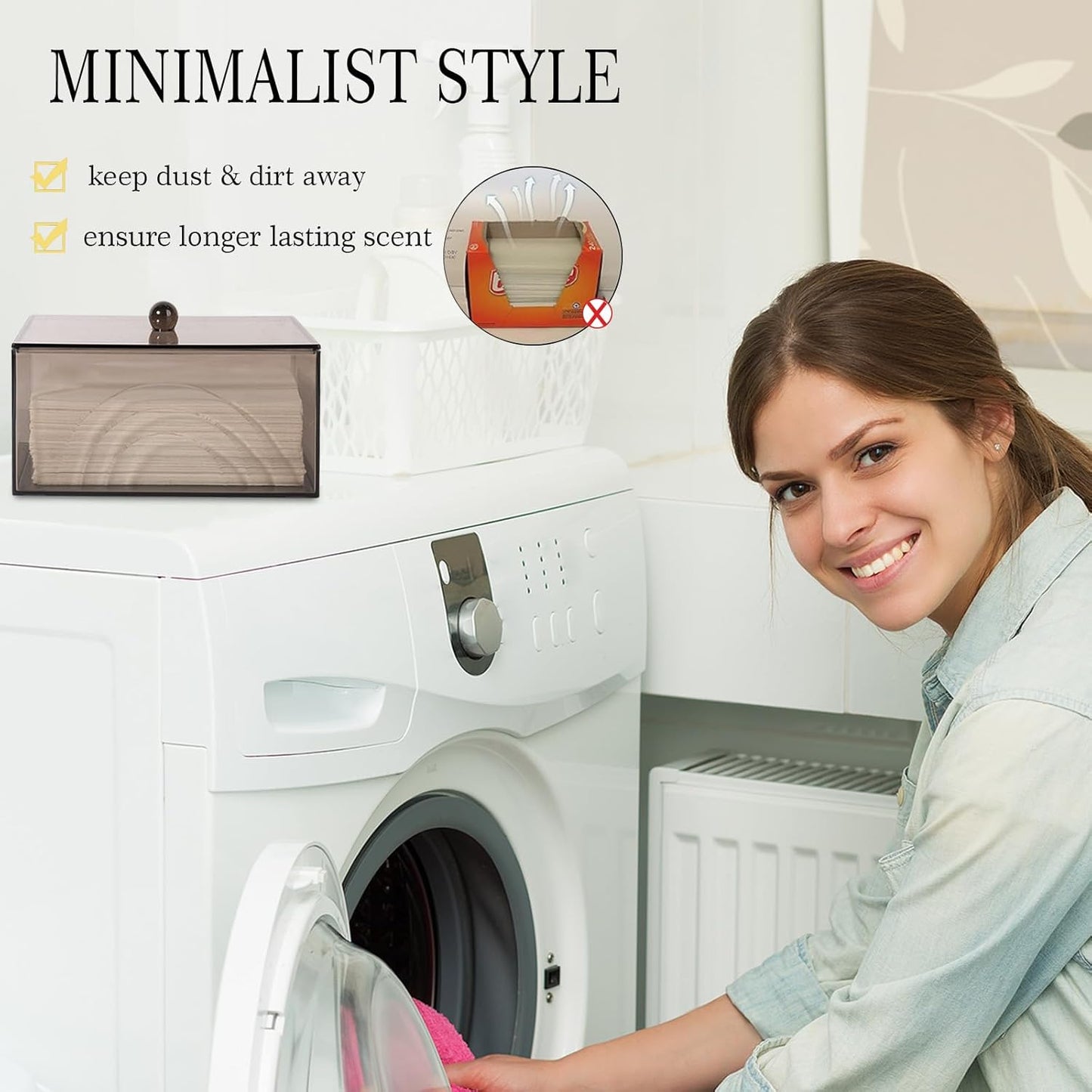 zoocatia Laundry Dryer Sheet Holder Clear Detergent Pods Container Dryer Balls Dispenser with Lid, Acrylic Plastic Storage Box for Laundry Room, Grey