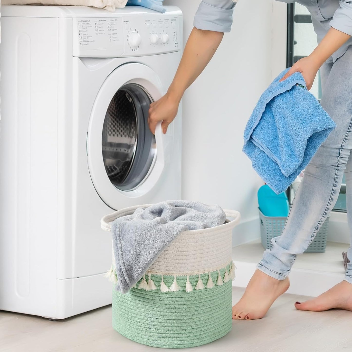 danpinera 11 Inch Woven Baskets for Storage, 3 Storage Baskets for Organizing in Laundry, Living Room, Nursery, Cute Rope Boho Baskets for Shelves, Decorative Storage Basket, Green