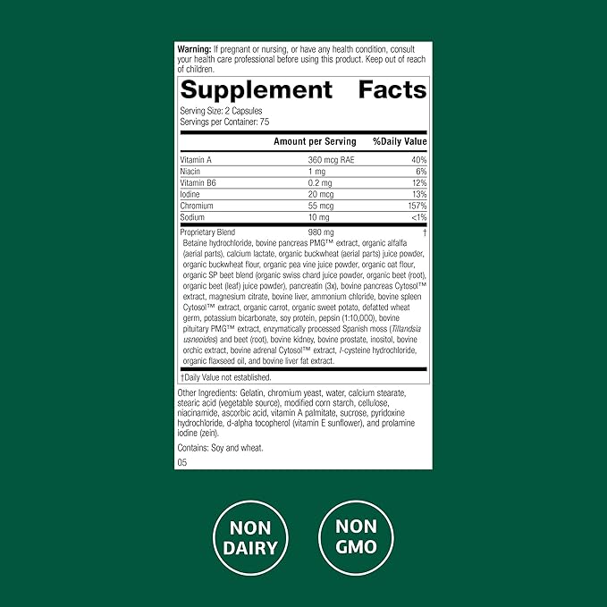 Standard Process Diaplex - Supplement for Pancreas & Gallbladder Support - Contains Chromium & Antioxidant Vitamin A - Non-Dairy - 150 Capsules (75 Servings)