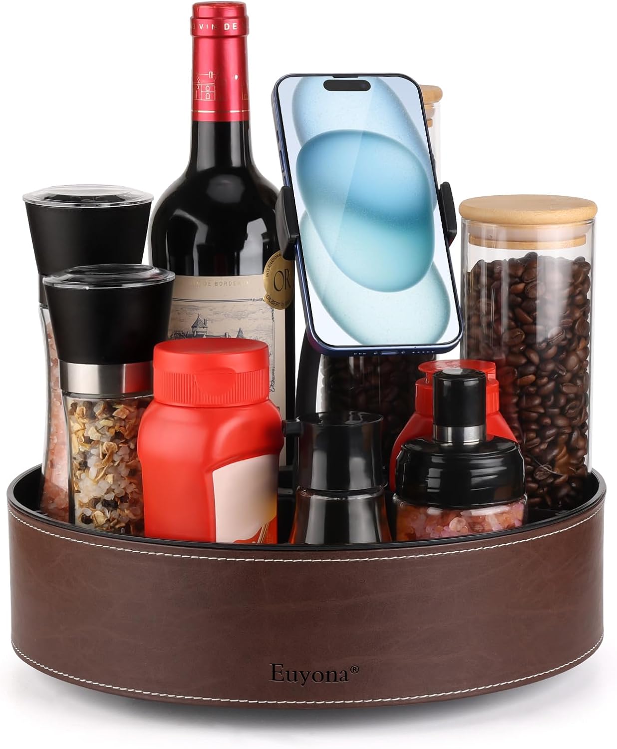 11.4 Inch Lazy Susan Turntable Organizer - 6 Removable Compartments with Phone Holder, 360° Rotating for Cabinet/Counter/Table. Spacious Storage for Food, Spices, Cosmetics & More.(Brown)