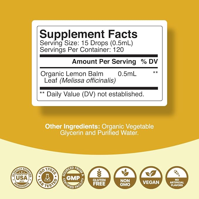 Organic Lemon Balm Leaf Liquid Extract for Immune Support - Lemon Balm Tincture for Mood & Relaxation Support - Organic Tincture Leaf Drops for Adults & Kids Dietary Supplement - 2OZ - 2 Pack
