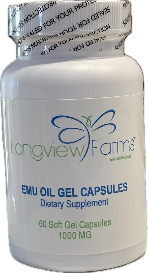 Longview Farms® Emu Oil Gel Capsules | 100% Pure Emu Oil for Skin Health, Mobility, and General Wellness | Natural Omega 3, 6, 9, and Essential Vitamins | 60 Capsules