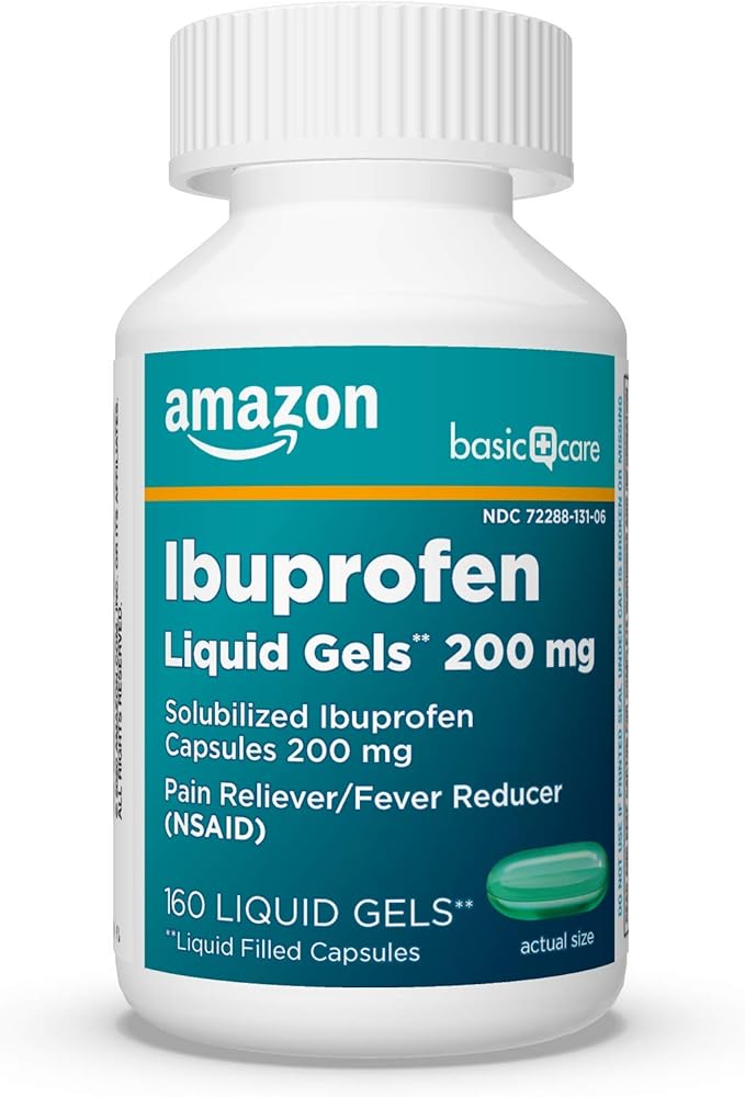 Amazon Basic Care Ibuprofen Liquid Gels 200 mg, Pain Reliever/Fever Reducer Liquid Filled Capsules, For Headache, Toothache, Backache, Menstrual Cramps and More, 160 Count