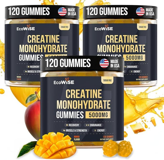 Creatine Monohydrate Gummies 5000 mg, Mango Flavor, 120 Sugar-Free Vegan Chews, Creatine Supplement for Daily Routine, Pack of 3