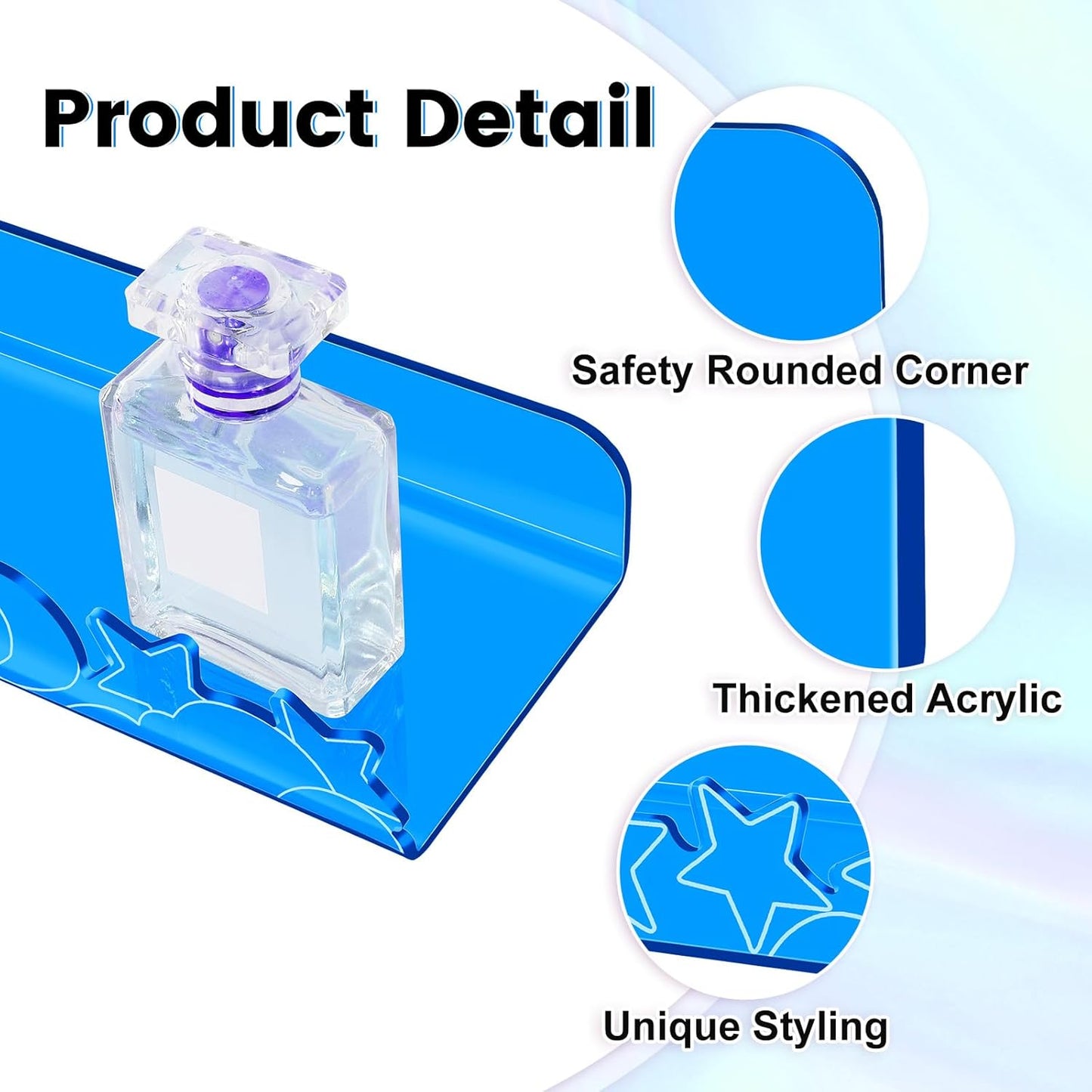 Floating Shelves for Wall,4 Pack 15.7’’x 3.5’’Adhesive Acrylic Shelves Organizer for Book Toy Photo Makeup,Wall-Mounted Kids Storage for Bathroom,Bedroom,Nursery,Blue Star and Moon