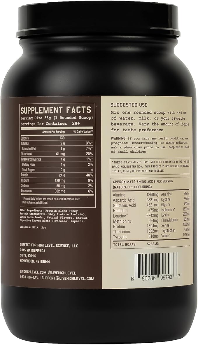 High Level Whey Protein Powder Stevia Sweetened, Natural Chocolate Shake, 24g Protein, Ultra Filtered Non-GMO, Digestive Enzymes, Gluten Free, 蛋白粉, 2 lb, Whey Protein with Stevia