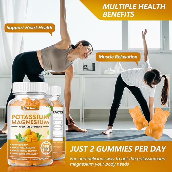 Potassium Magnesium Supplement for Adults Kids, Sugar-Free Potassium Gummies Supports Leg Cramps & Muscle & Immune Health, Non-GMO Vegan Magnesium Glycinate Gummies Mango Flavor 120 Count