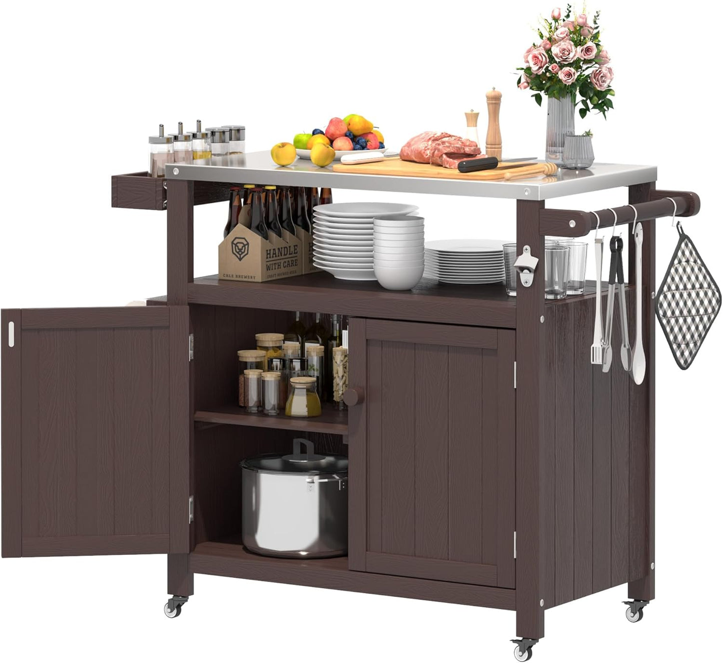 Weatherproof HIPS Outdoor Kitchen Island with Stainless Steel Top & Storage Cabinet, Movable Prep Table with Wheels for BBQ Food Prep, Outdoor Grill Cart for Parties, Brown