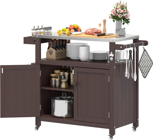 Weatherproof HIPS Outdoor Kitchen Island with Stainless Steel Top & Storage Cabinet, Movable Prep Table with Wheels for BBQ Food Prep, Outdoor Grill Cart for Parties, Brown