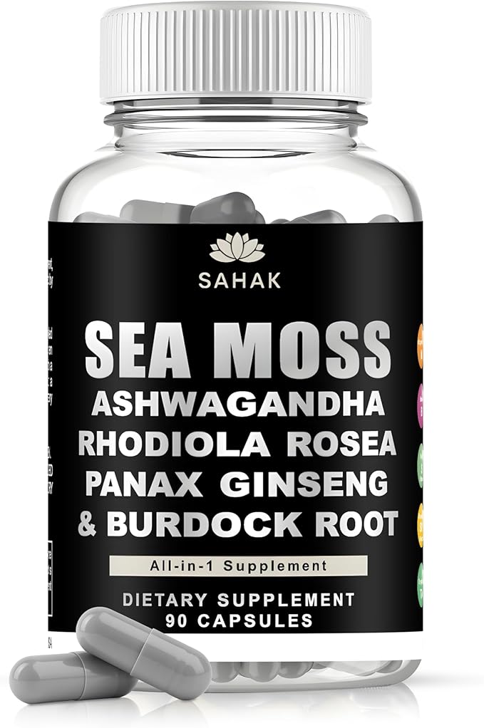 Sea Moss Capsules - Organic Irish Sea Moss with Ashwagandha, Rhodiola Rosea, Panax Ginseng, Burdock Root | Lab Tested | Immune Support, Energy, Cognition,for Women and Men - 90 Raw sea Moss Capsules