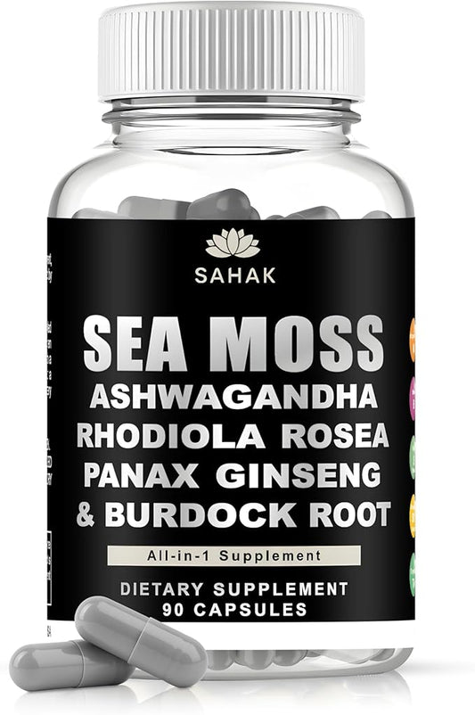 Sea Moss Capsules - Organic Irish Sea Moss with Ashwagandha, Rhodiola Rosea, Panax Ginseng, Burdock Root | Lab Tested | Immune Support, Energy, Cognition,for Women and Men - 90 Raw sea Moss Capsules