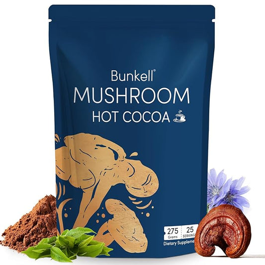 Bunkell Mushroom Hot Cocoa, Adaptogenic Mushroom with Reishi, L-Theanine, Chicory, Melatonin & Glycine, Melatonin, Sleep Hot Cocoa Supplement for Sleep and Stress Support, 25 Servings 1 Pack