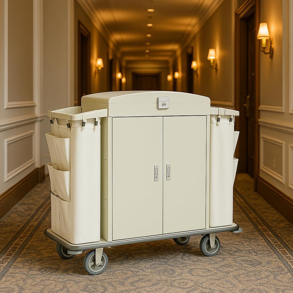 Heavy Duty Metal Housekeeping Janitorial Cart with Wheels,Silent Casters,Locking Large Capacity Cabinets,Cleaning cart for Housekeeping/Commercial Facility/Hotel/Stadium/School