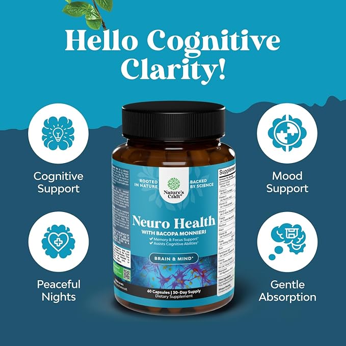 Nootropic Brain Supplement for Memory and Focus Support - Vitamins for Mental Health & Clarity with Bacopa Monnieri, VIT A, B6, Riboflavin, Niacin, Thiamin & Folate - Cognitive Complex - 60 Ct