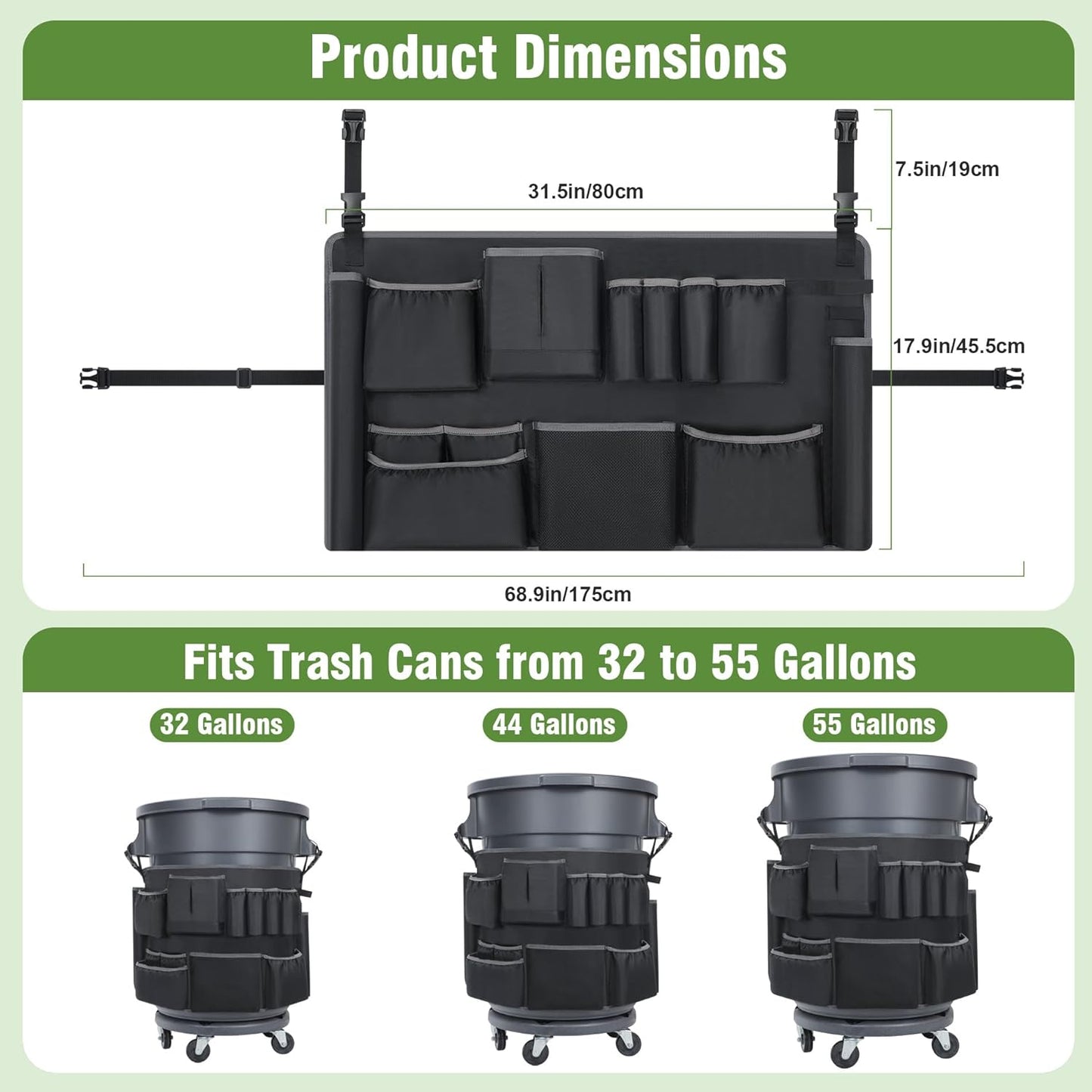 Trash Can Caddy Bags Fit 32-55 Gallon Garbage Bins, Garbage Bin Caddy Bag Organizer with Multi-Pockets, Organizer For Cleaning, Maid, & Janitorial Duty, Cleaning Caddy Bag Only