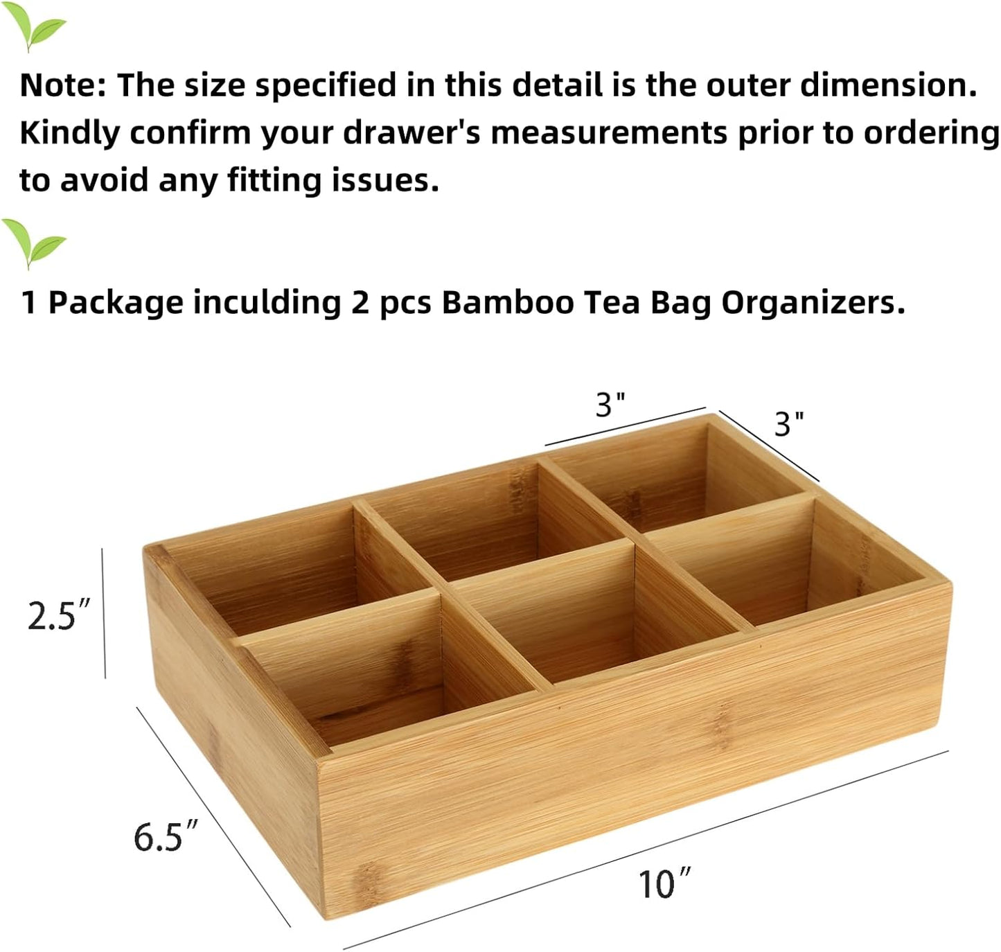 Dicunoy 2 Pack Bamboo Tea Bag Organizers, Wood Tea Bag Storage for Drawers with 6 Roomy Compartments, Sturdy Tea Chest Boxes for Shelf, Coffee Station, Sugar Packet, Sweeteners, Small Packets