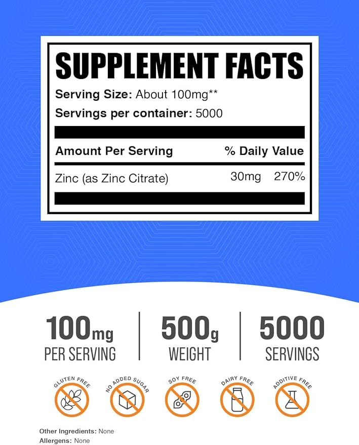 BulkSupplements.com Zinc Citrate Powder - Zinc Supplements, Mineral Supplement, for Immune Support - Gluten Free, 100mg per Serving, 500g (1.1 lbs) (Pack of 1)