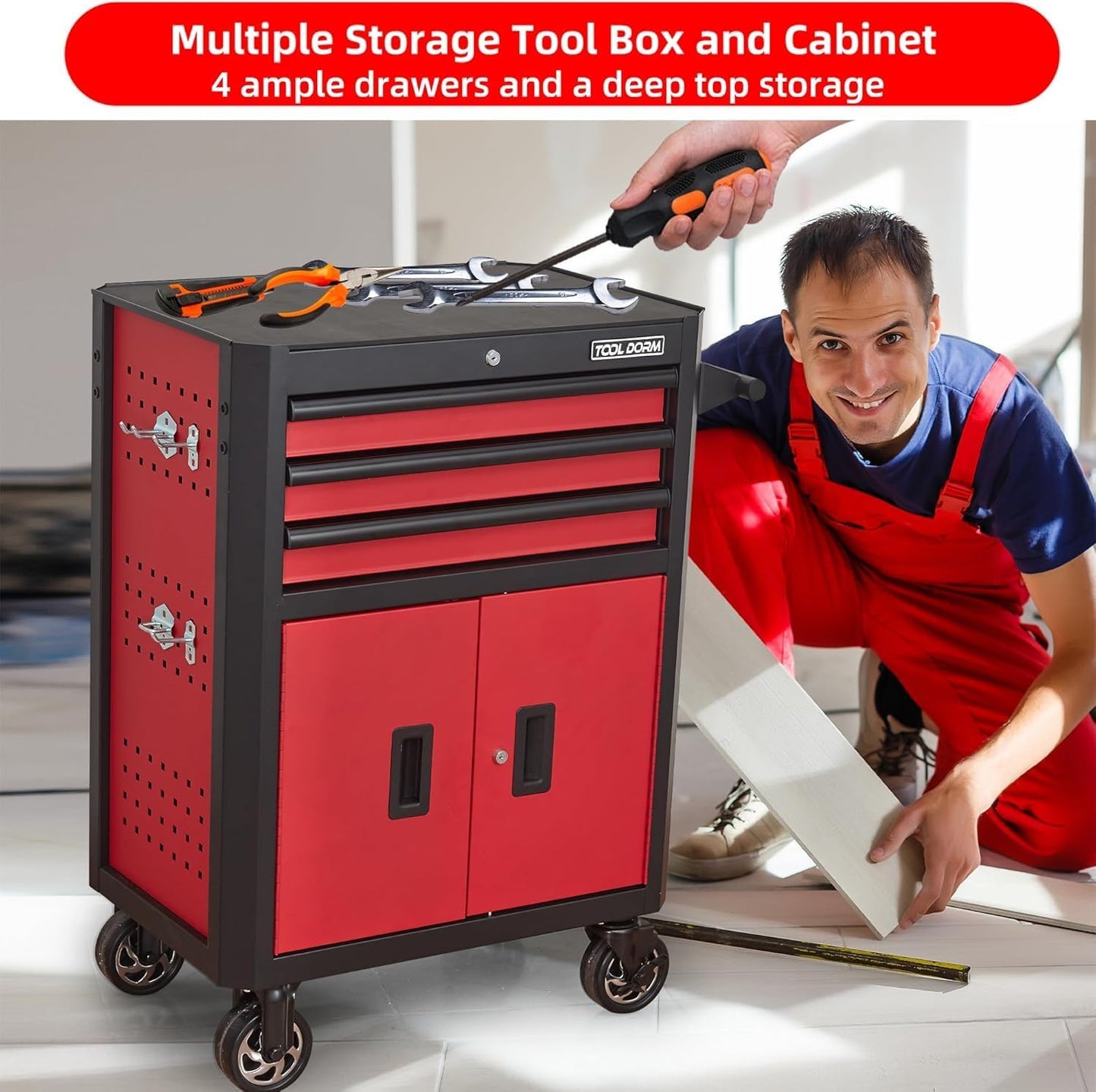 Rolling Tool Chest with Locking Wheels - Tool Box with 3 Drawers & 1 Big Tool Cabinet with 2 Door, 18.5" D x 28" W x 40" H Mobile Tool Storage Cabinet, Heavy-Duty Garage Organizer w/Ergonomic Handle