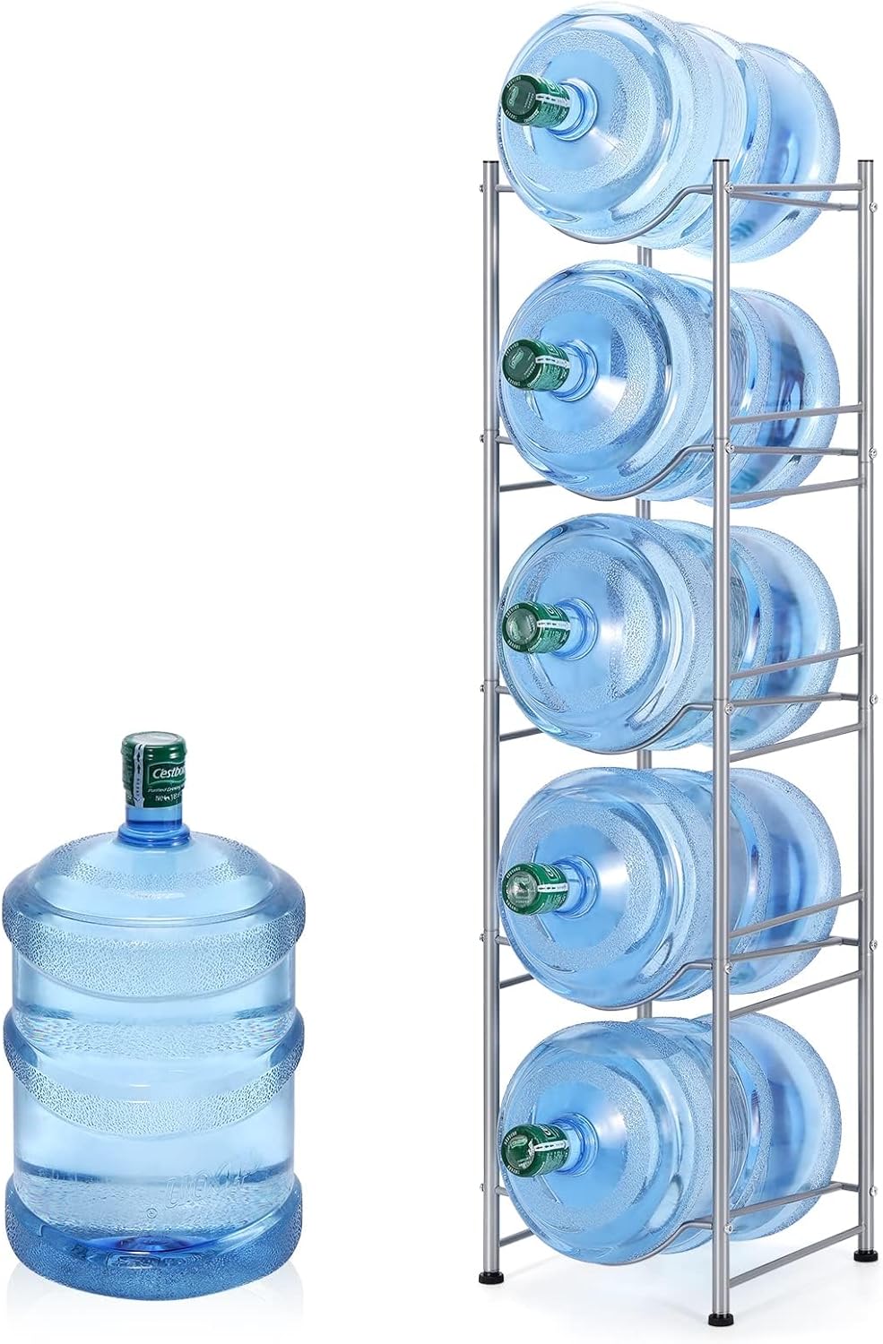 smusei 5 Gallon Water Bottle Holder 5 Tier Detachable Water Cooler Jug Holder, Heavy Duty Water Jug Stand Storage Rack for Home Office Kitchen, Silver