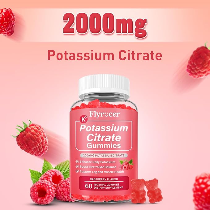 Potassium Citrate Gummies for Adults Men & Women, Potassium Supplement for Support Leg Cramps, Muscle Health & Electrolyte Balance, Vegan, Raspberry Flavor, 60 Count