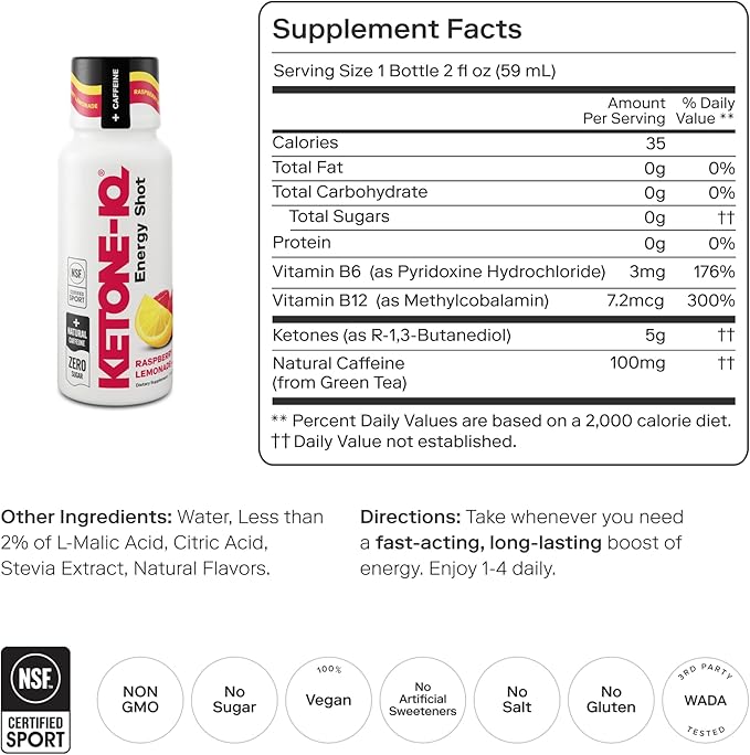 Ketone Energy Shots - 100mg Green Tea Caffeine, 5g Exogenous Ketones, and B Vitamins - 24 On The Go Caffeine Shots - Fast Acting Energy Drink (Raspberry Lemonade)