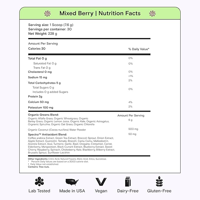 Kiala Nutrition Super Greens, Organic Greens Powder with Spirulina & Chlorella for Digestion, Gut Health, Immunity, Energy, Gluten Free, Vegan, Sugar Free, Mixed Berry, Spectra Blend, 30 Servings
