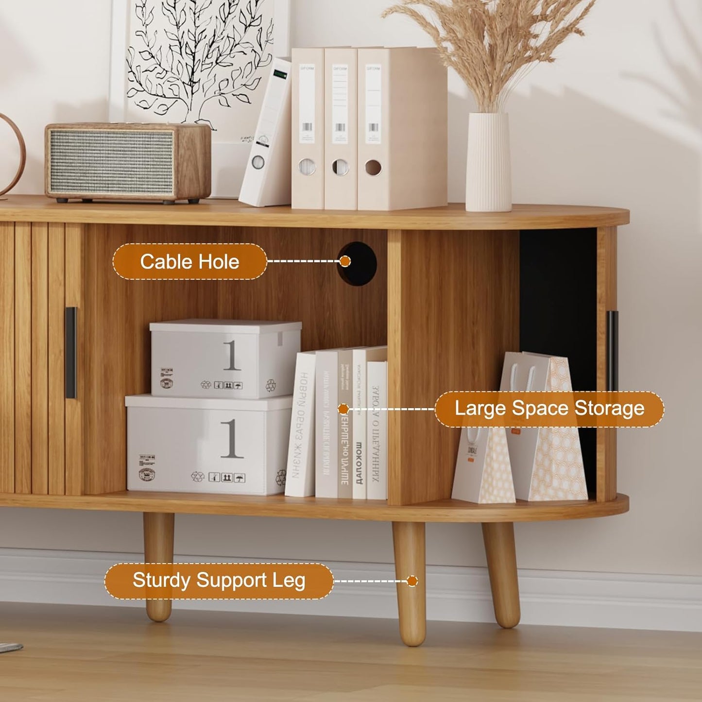 Mid Century Modern TV Stand Media Console with 4 Storage Compartments & Sliding Doors Entertainment Center for ups to 65 Inch Tvs Wood TV Cabinet Furniture for Living Room Bedroom (Natural)