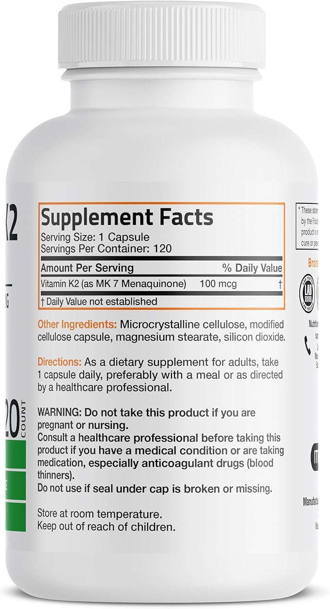 Bronson Vitamin K2 as MK-7 Menaquinone 100 mcg Non-GMO, 120 Capsules