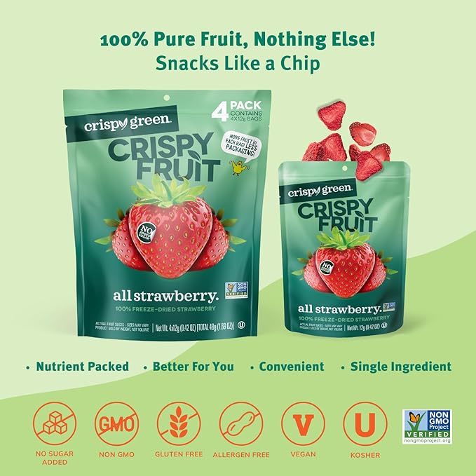 Crispy Green Natural Freeze-Dried Fruit, Strawberry Single-Serve, No Sugar Added, 0.42 Ounce (Pack of 12)
