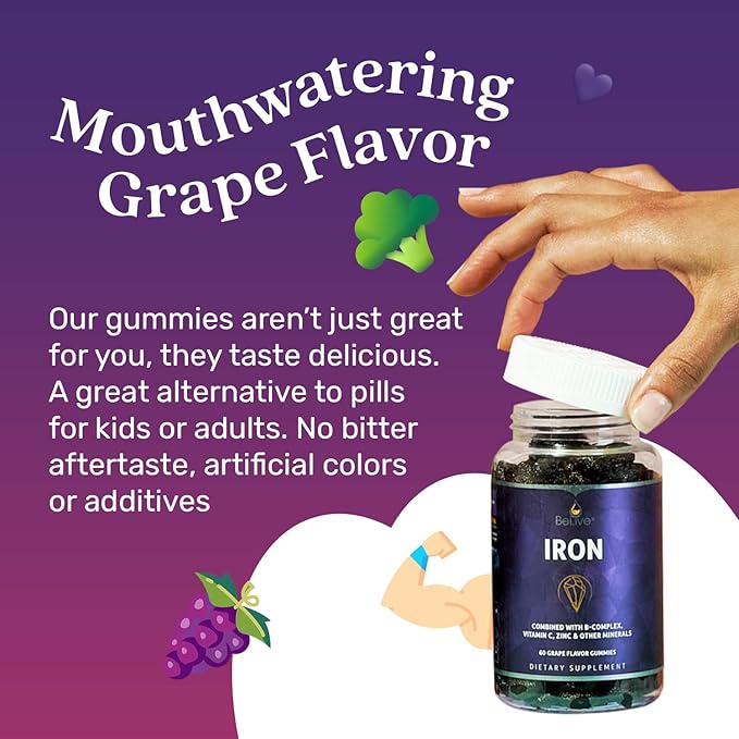 BeLive Iron Gummies - Multivitamin Iron Supplement with Vitamin C, A, B & Zinc, Supports Blood Oxygen, Vegan Supplements for Women, Men & Kids for Growth and Development - Grape Flavor | 3-Pack